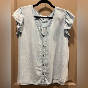 Light Blue Ruffle Sleeve Button-Down Top